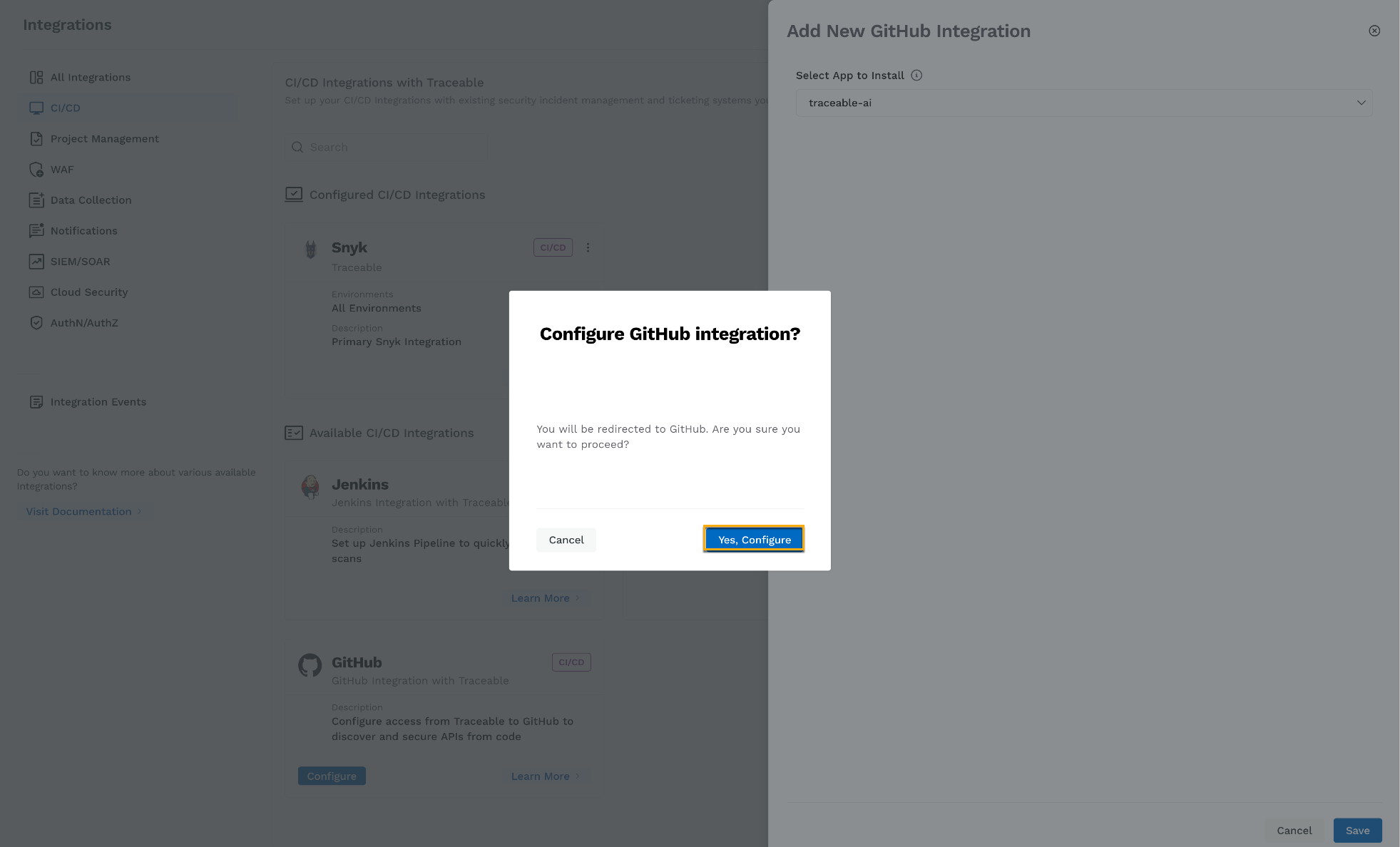 GitHub authorization page with the Yes, Configure button