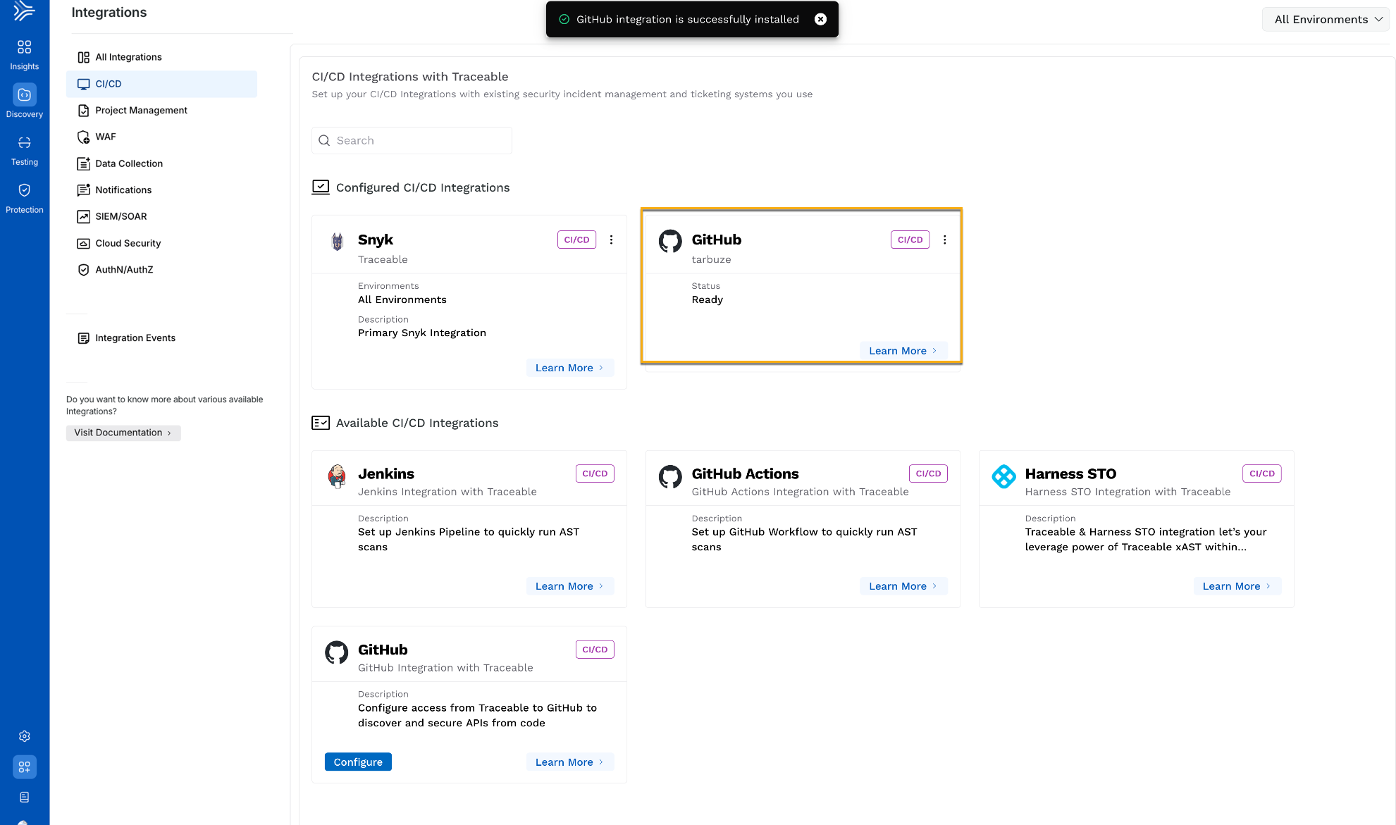 Configured CI/CD Integrations section with the GitHub tile
