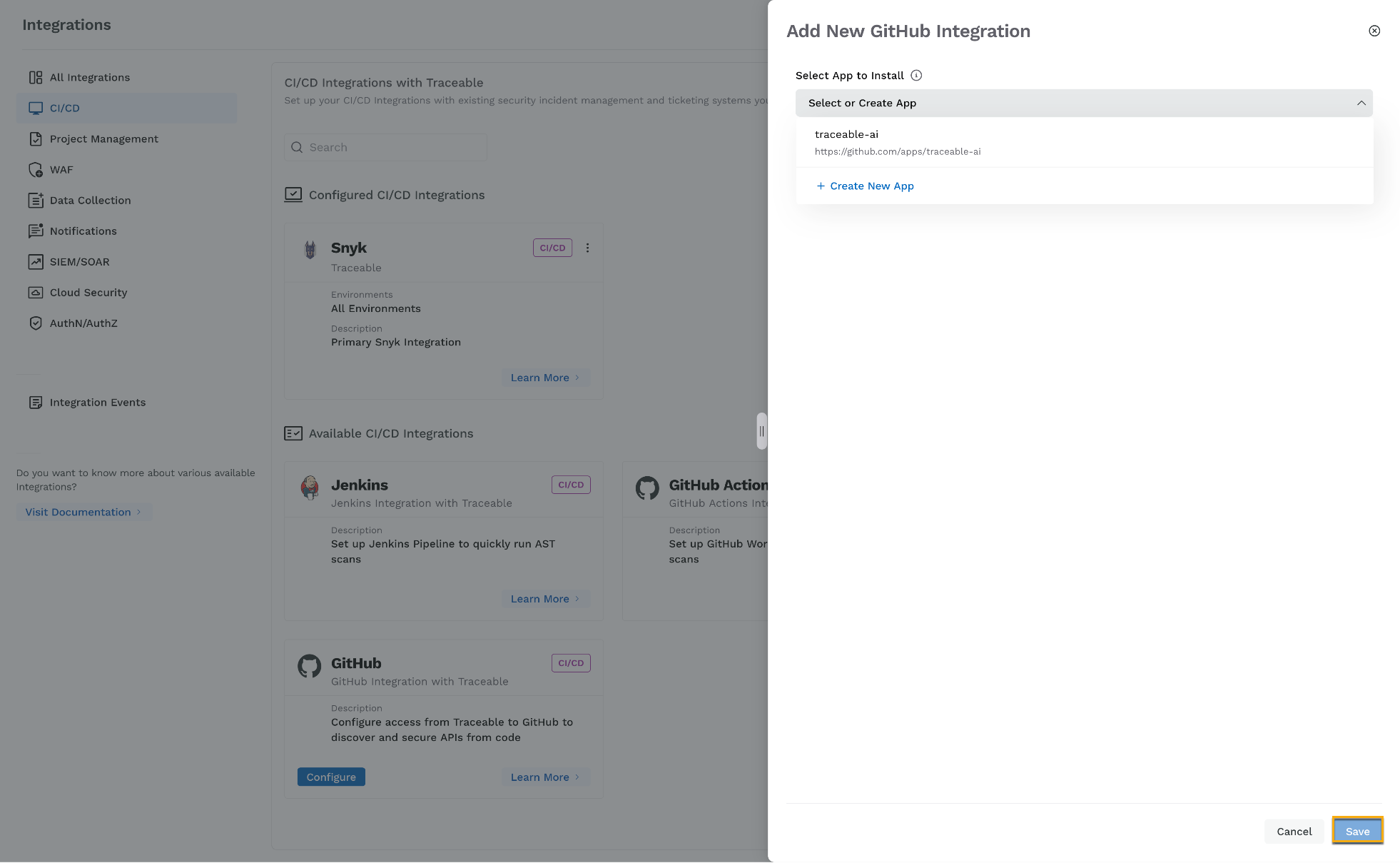 Add New GitHub Integration panel with GitHub App selected