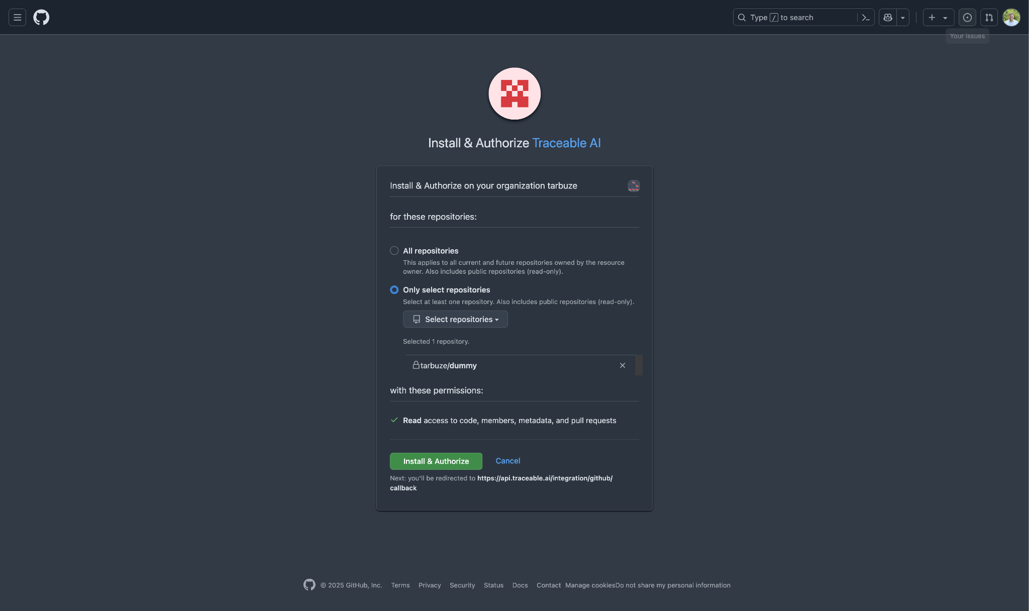 GitHub repository access selection with the Install and Authorize button