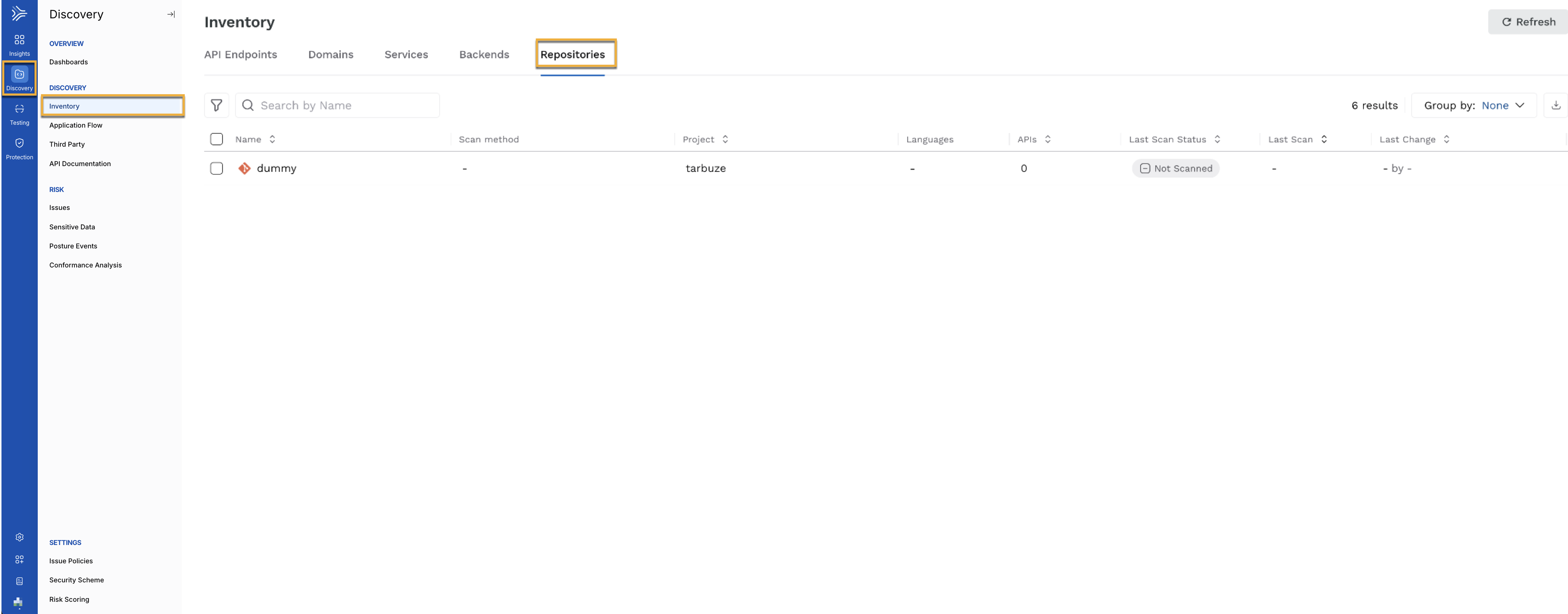 Repository list in Traceable Discovery Inventory
