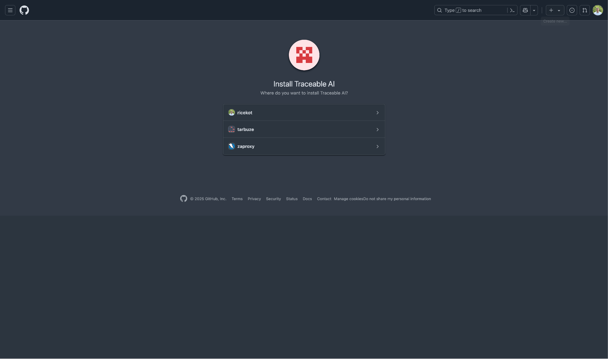 GitHub organization selection page